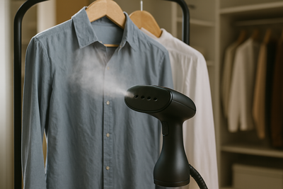 Black garment steamer steaming clothes - larger and more prominent